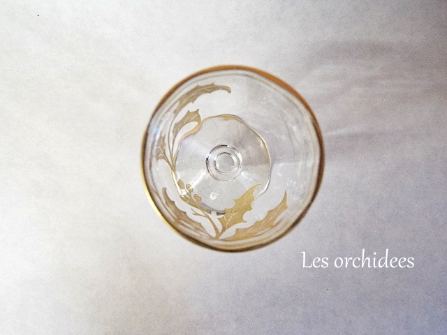 フランスアンティーク　金彩柊文様クリスタル　リキュールグラス